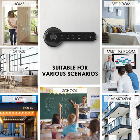 Smart Biometric Door Lock With Keypad And App 4 In 1 No Key Needed, used in home, office, bedroom, hotel, school, meeting room.
