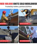 Roof Ladder Stabilizer Hook For Gutter With Slide Lock Instantly Secures Ladders In 5 Seconds Preventing Shifts And Falls Aluminum Ladder Safety Accessory shown with multiple user scenarios including firefighters and roof cleaners