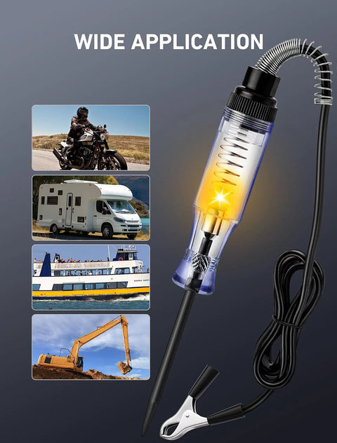 6V-12V-24V DC Car Electrical Test Pen With Alligator Clip And Long Steel Probe, Continuity And Voltage Fuse Tester For Sedan, SUV, RV And Truck, Handy Automotive Test Light For Quick Circuit Checks in transparent handle with cable