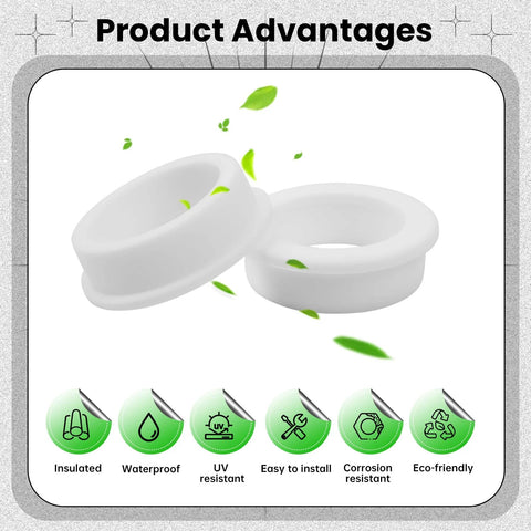5 Pack White Silicone Top Hat Grommets For Automotive Firewall And Wiring Protection displayed with product advantages.