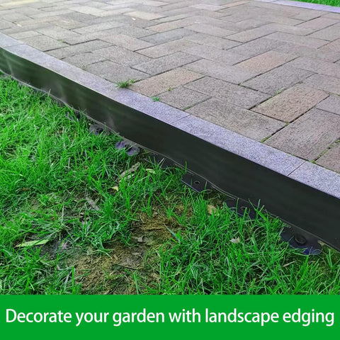 No Dig Landscape Edging Kit With 60 Spikes, 4 Inch Tall 66 Foot Border installed on lawn next to pathway