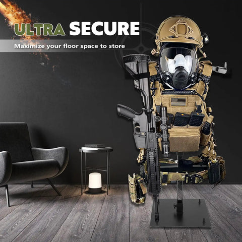 Heavy Duty Steel Tactical Gear Stand Holds Up To 100 Lbs Freestanding Display Rack shown with tactical gear and rifle