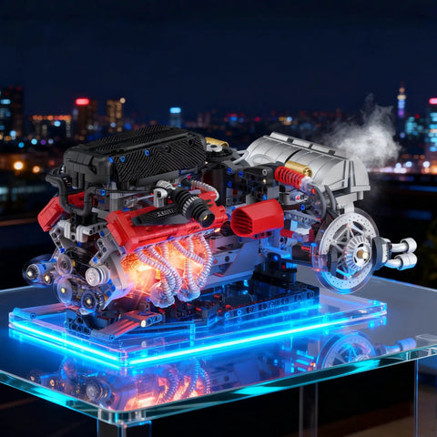 Realistic V12 Engine Model Kit That Runs Visible MOC Car Engine Project For Gearhead Enthusiasts With Motor, Lighting And Exhaust STEM Engineering Toy Set For Adults, Builds Durable, Interactive Engine Display on lit stand