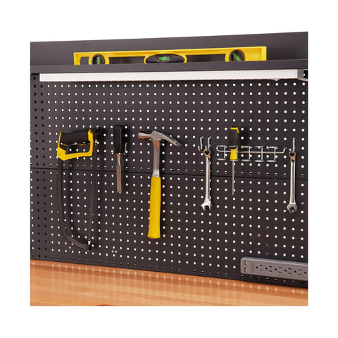 UltraHD Heavy Duty Lighted Work Center With Pegboard And Solid Wood Top, tools on pegboard, graphite steel frame.