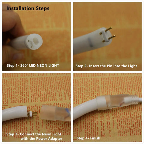 Close-up of installation steps for 360 Degree LED Neon Light Strip Rope Light With Remote, Dimmable And Waterproof.