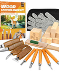 23 Piece Wood Carving Set For DIYers With 4 Large Knives 5 Detail Knives 9 Basswood Blocks Polishing Compound Leather Strop Gloves And Instruction Manual Portable Case For Beginners And Pros displayed
