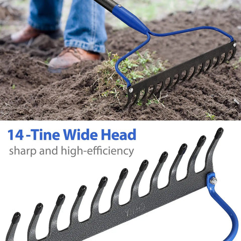 Heavy Duty Metal Garden Bow Rake With Adjustable 34 To 60 Inch Handle 14 Sharp Tines For Quick Soil Loosening Mulch Leveling Leaf Cleanup