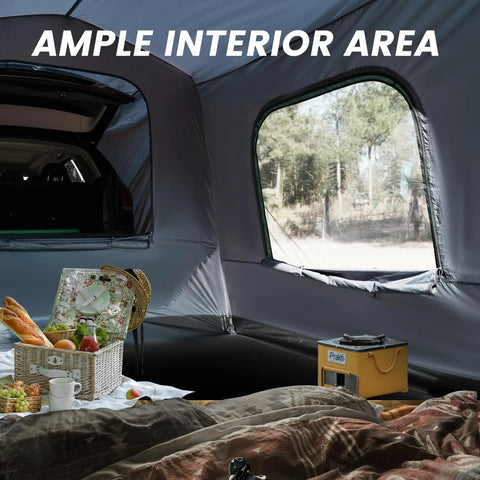 Interior view of Roomy Family SUV Tent For 5 To 9 People With 8ft L X 10.6ft W x 7.2ft H Center Height, featuring windows and space for camping gear.
