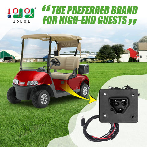 Premium 48V Delta Q Charger Receptacle Socket For Electric Golf Cart with black connector and wiring harness in grass.