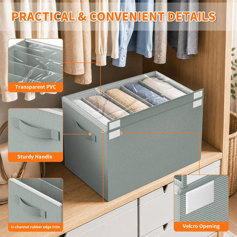 Four Pack Gray Closet Organizers And Storage Bins Heavy Duty Fabric Wardrobe Dividers with PVC top and sturdy handle.