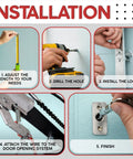 Installation steps for Emergency Garage Door Release Lock Kit With Universal Keyed Disconnect as shown in five images.