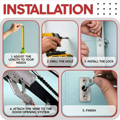 Installation steps for Emergency Garage Door Release Lock Kit With Universal Keyed Disconnect as shown in five images.