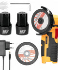 Powerhouse Cordless Angle Grinder For Quick Cuts And Polishing, Portable Mini Tile Cutter Tool, with accessories, charger, and two batteries