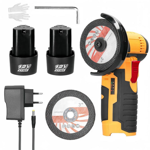 Powerhouse Cordless Angle Grinder For Quick Cuts And Polishing, Portable Mini Tile Cutter Tool, with accessories, charger, and two batteries