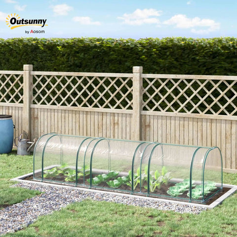 11 By 3 By 2.5 Ft Mini Greenhouse Portable Tunnel With Roll Up Zippered Doors set in a backyard garden.