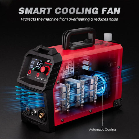 Dual Voltage Plasma Cutter 50 Amp With Large LED Display 110 220V IGBT Inverter showcasing smart cooling fan feature