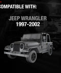 Jeep Wrangler model 1997-2002 compatible graphic, featuring wireframe design, for Hood Latch Replacement Kit display
