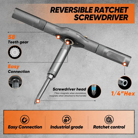 Reversible ratchet screwdriver with 58 teeth gear from Forty Two In One Magnetic Screwdriver Set With Ratchet Handle And All Purpose Bits.