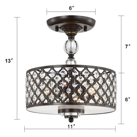 Antique Bronze Crystal Flush Mount Chandelier, Three Light Ceiling Light Fixture with Iron Lattice Frame, Semi Flush Mount