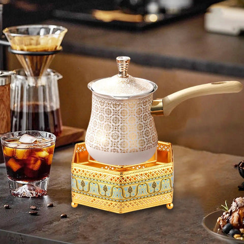 Turkish Warmer Coffee Pot With Tealight Warmer Base For Butter Chocolate Melting Kettle Stovetop Teapot 900ml shown on a countertop