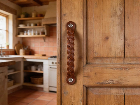 Leather Drawer Pulls Braided Cognac Finish Set Of 12 attached to a rustic wooden cabinet in a kitchen setting