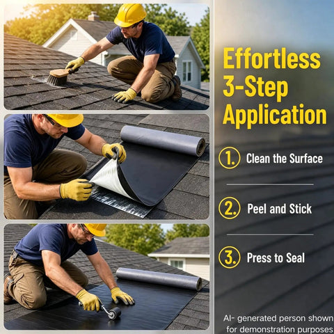 Person applying Real Deal Self Adhesive EPDM Rubber Roofing Membrane For Flat Roofs 53 Mil Thick 39 In Wide By 16 Ft Long.