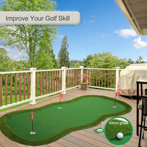 Real Deal Golf Putting Green Mat For Indoor Outdoor Practice 5x10ft Large Pro Training Surface on patio with trees