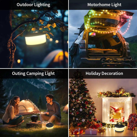 Two Pack Rechargeable Camping String Lights 32.8ft With 19 Lighting Modes 2 In 1 Tent String Lights used in outdoor settings
