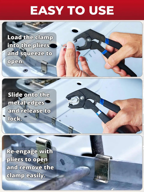Steps using 11 Piece Panel Fixing Clamps With Pliers For Auto Body Work Angled Reach Welding Clamps on sheet metal