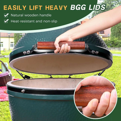X Large Green Egg Hinge And Band Replacement Kit shown with easy grip handle and carbon steel hinges for Big Egg Grill