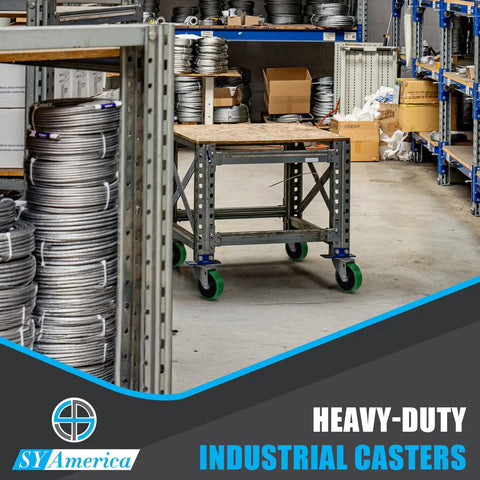Heavy Duty Smooth Rolling Casters Set Of 4, 4 Inch Polyurethane On Cast Iron Wheels With Double Ball Bearings and 1.25 Inch Stem displayed on cart.