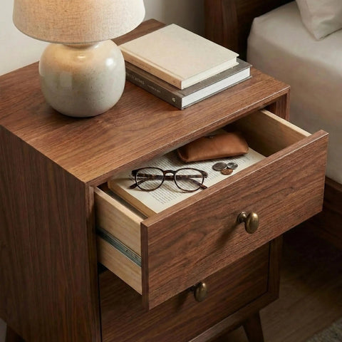 Open drawer with 2 Pack Antique Brass Cabinet Knobs For Dresser Drawers 1.3 Inch Oval Zinc Alloy Pulls, books and glasses on top.