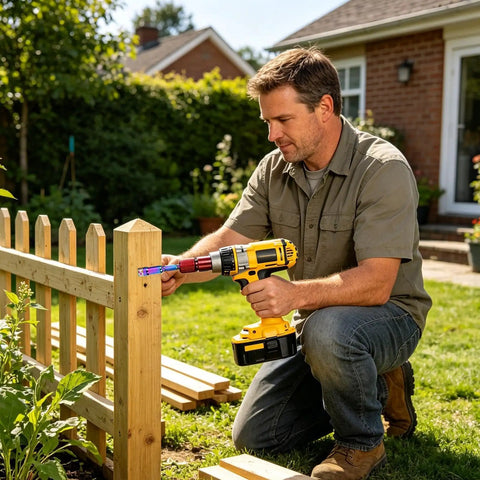 Man using Versatile Carbon Steel Drill And Angle Grinder Converter Quick Release Attachment for fence assembly