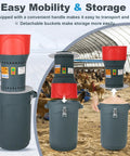 Electric Grain Mill Grinder with seven sieves and 15.8 gallons in farm setting showcasing easy mobility and storage