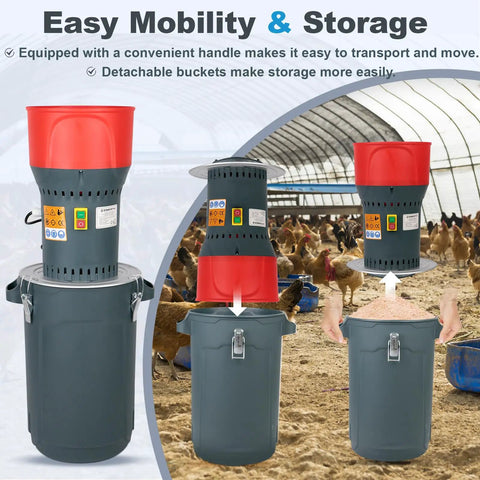 Electric Grain Mill Grinder with seven sieves and 15.8 gallons in farm setting showcasing easy mobility and storage