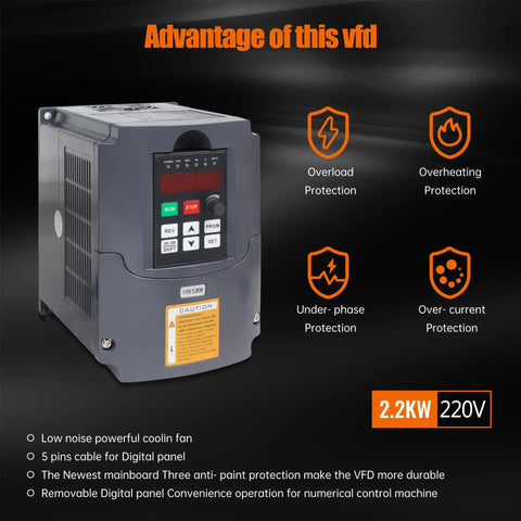 2.2KW 220V VFD Inverter with overload protection, control panel, and cooling fan for CNC router machine