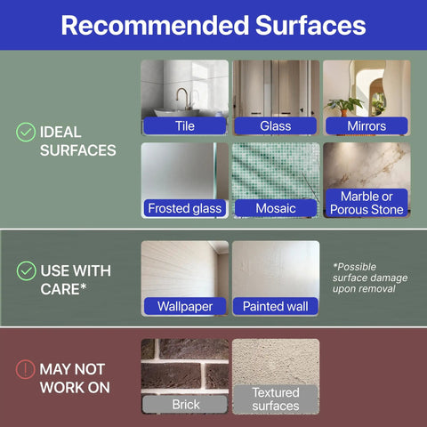 Recommended surfaces for Heavy Duty Double Adhesive Wall Hooks Peel and Stick Towel Hook including tile, glass, and wallpaper.