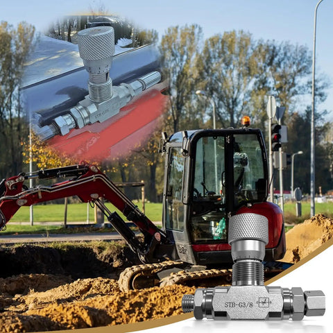 Tubular Hydraulic Bidirectional Flow Control Restrictor Valve With L08 Connector installed on excavator in construction site