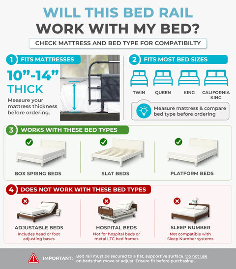 Killer Grip Premium Adjustable Bed Rail For Seniors Featuring No Fuss Setup And Smart Storage Pocket Astm Approved Fall Prevention Safety Guard Railing Black assist bar compatibility guide for various bed types.