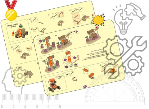 Hands On STEM Electronics Kit For Kids instruction pages with circuit parts and robot builds