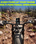 Rider's view of Powerful 1500W Fat Tire Electric Bike For Adults With 34 MPH Top Speed, LCD display on rocky trail