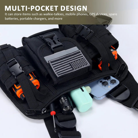 Work Ready Radio Chest Harness For Walkie Talkies, Adjustable Nylon Chest Rig With Pouch, Durable Water Resistant Gear Carrier
