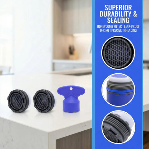 Two Pack Faucet Aerator Replacement For RP53998 Comes With Removal Wrench M21.5 Thread And 2.2 Gpm Water Flow Control, showing aerators with honeycomb filter.