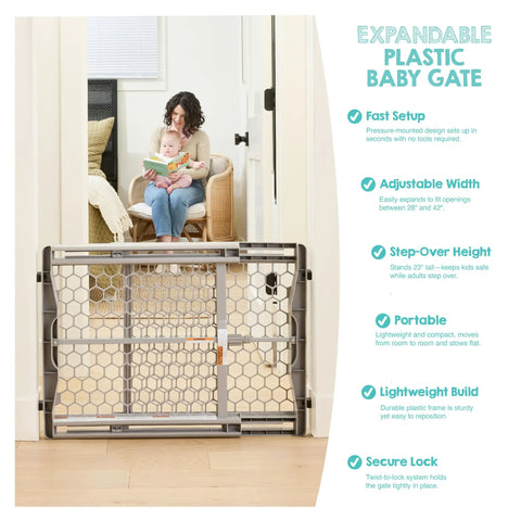 Expandable Baby Gate 28 To 42 Inch Wide For Doorways And Bottom Of Stairs Pressure Mounted Safety Gate for Babies, Toddlers, and Pets.