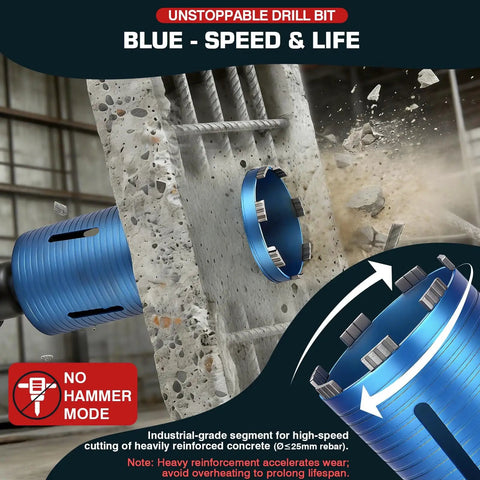 One And Three Eighths Inch Diamond Core Drill Bit With Eleven Inch Depth, cutting concrete reinforced with rebar