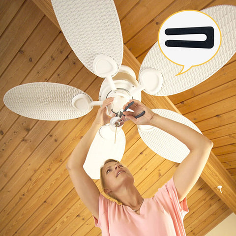 Person using Easy Peasy Ceiling Fan Blade Balancing Kit Three Pack With Plastic Clips And Nine Metal Self Adhesive Weights Fix Unbalanced Fans Fast