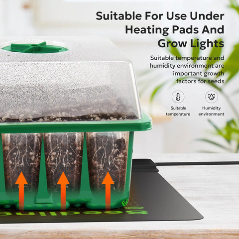 3-Pack Seed Starter Trays with Adjustable Humidity Dome set on heat mat, showing temperature and humidity controls.