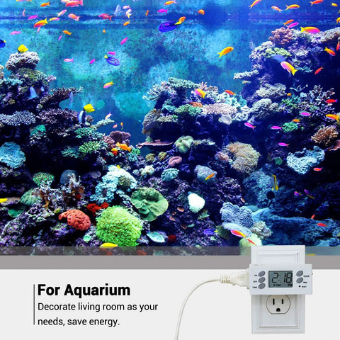 Aquarium with digital timer showing the Two Pack 24 Hour Outlet Timer For Indoor Lamps Fans And Aquariums 125V 15A 1000W Digital Light Timer