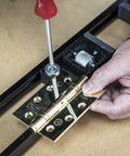 Adjustable Modular Door Hinge Router Jig For Timber Doors Fits Six Foot Eight Height; showing installation of a hinge.