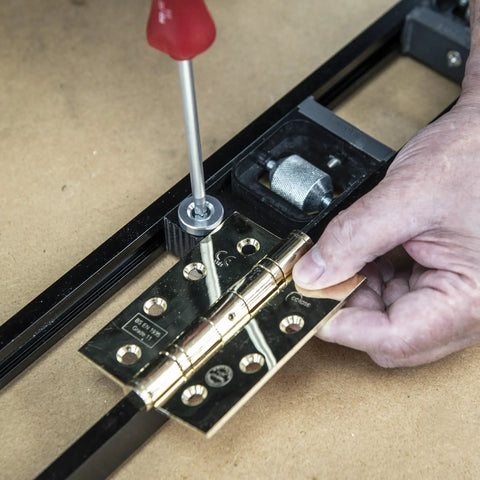 Adjustable Modular Door Hinge Router Jig For Timber Doors Fits Six Foot Eight Height; showing installation of a hinge.
